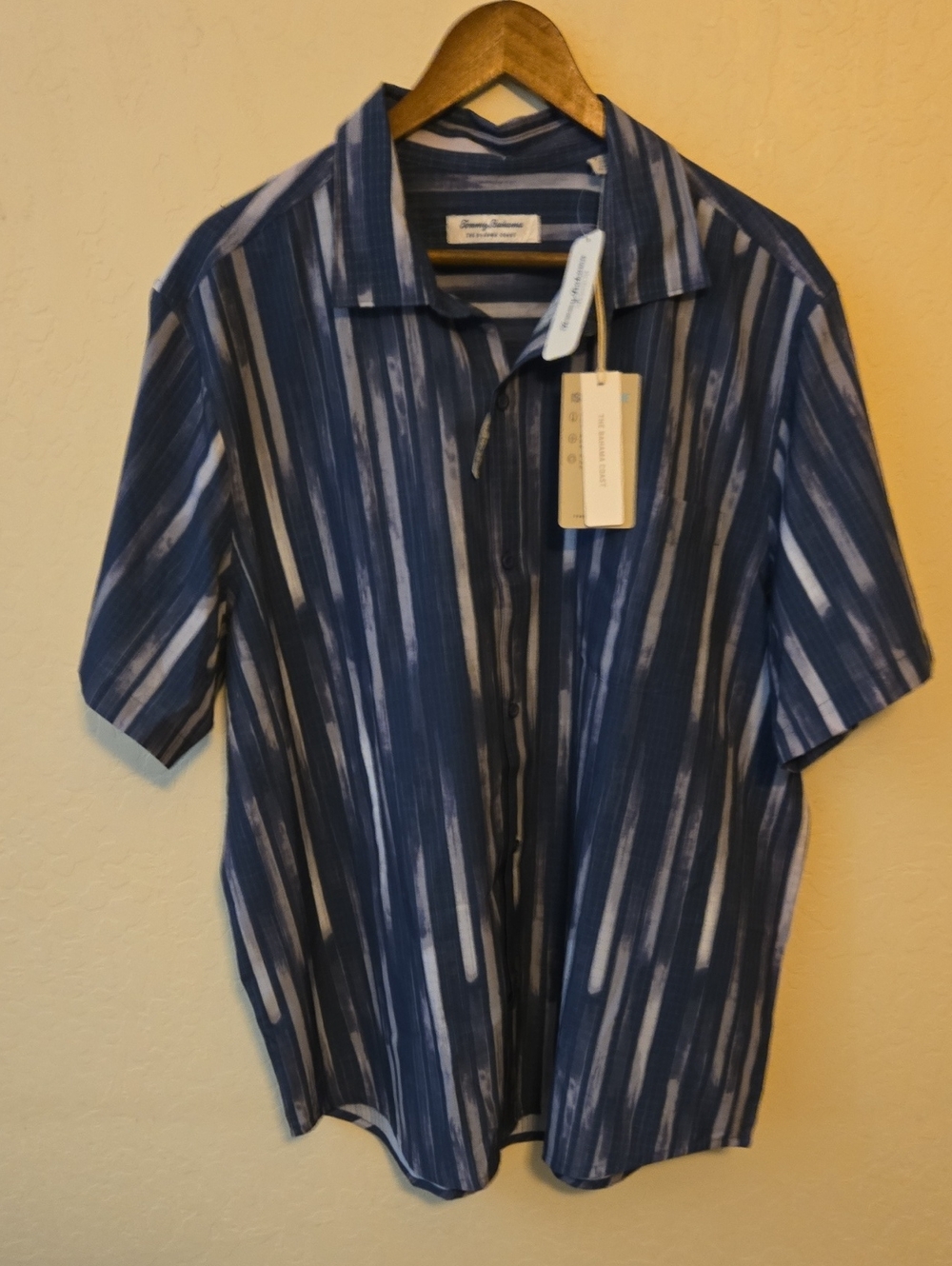 Tommy Bahama Navy and White Vertical Brushstroke Stripe Short-Sleeve Shirt